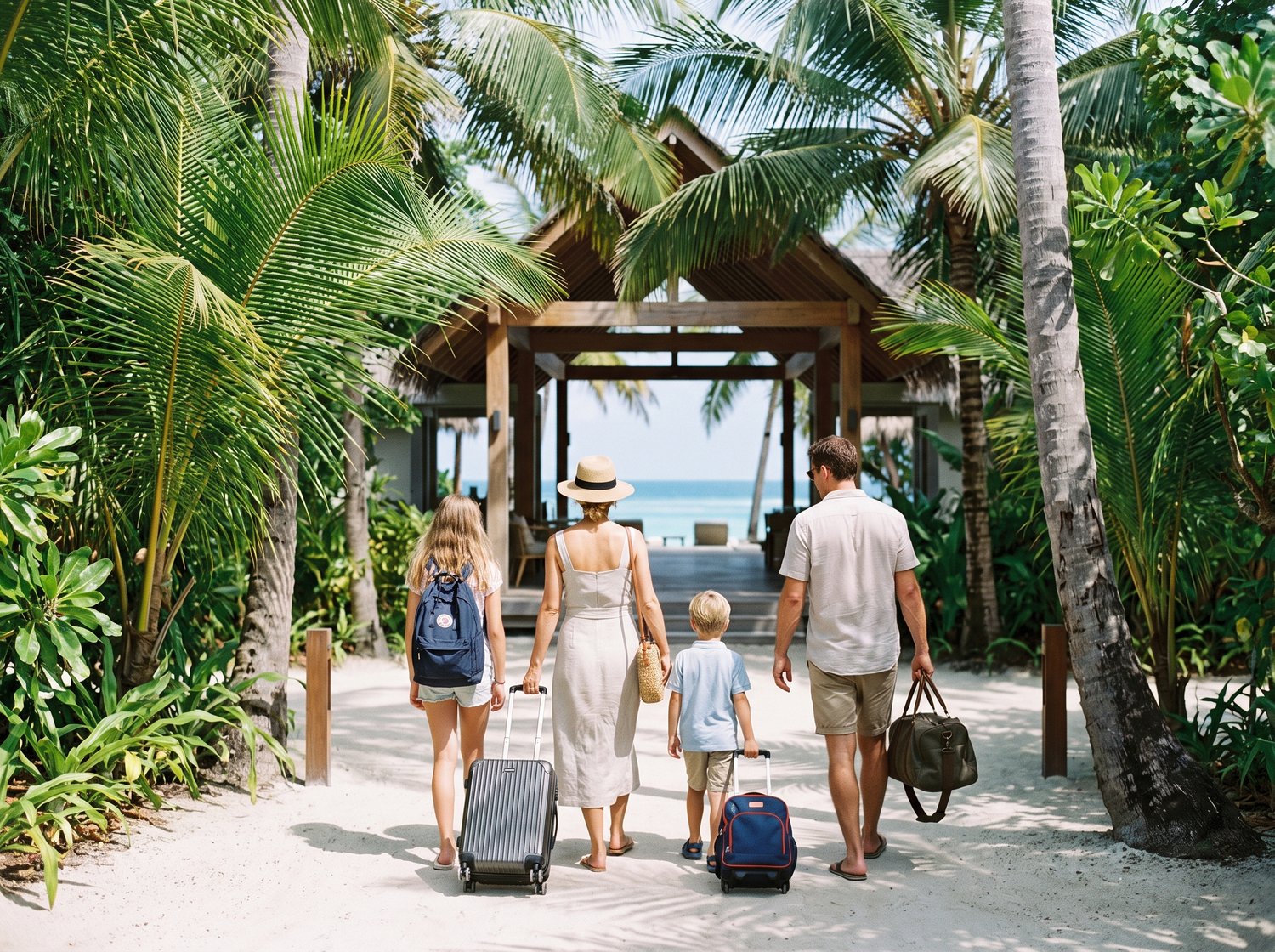 Familia llegando con maletas a una casa de playa rodeada de palmeras — Bermúdez y Compañía
