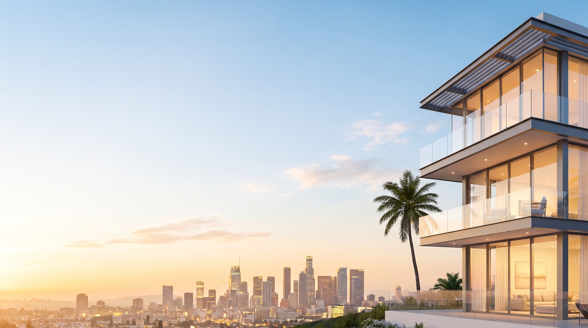 Villa de cristal de lujo con vista al skyline de la ciudad al atardecer — Bermúdez & Co.