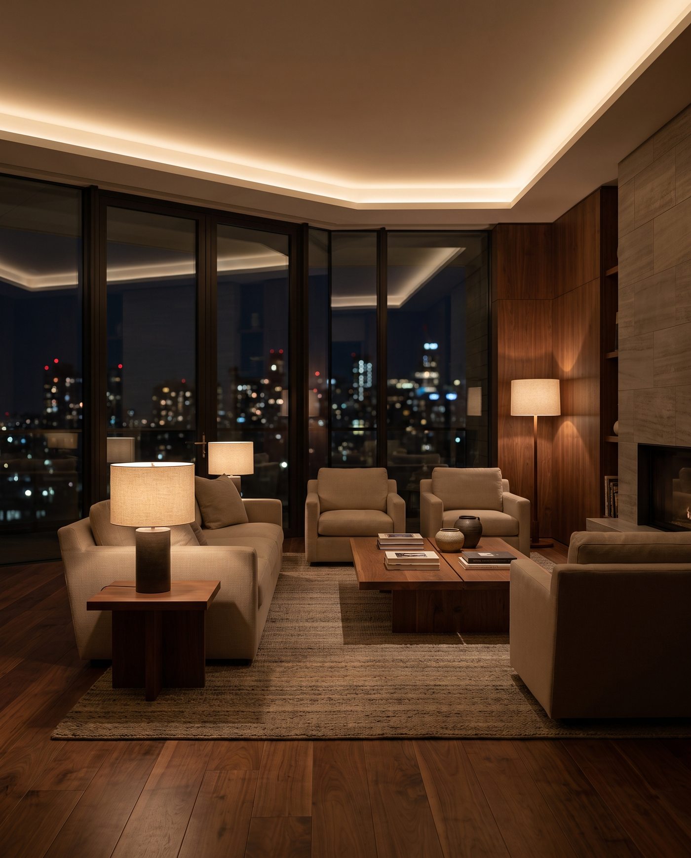Interior premium de noche con luz cálida — Bermúdez y Compañía